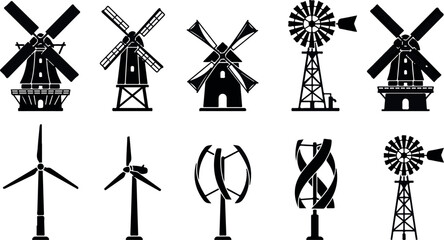 Fototapeta premium Windmill silhouette collection various types and designs on white background