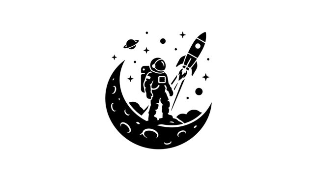 Astronaut standing on crescent moon with rocket launching into starry night sky