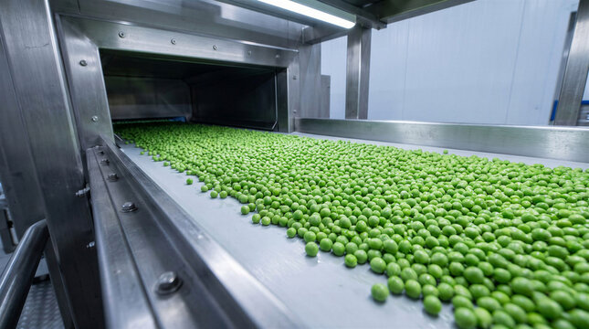 Fresh green peas moving on an automated conveyor belt inside an individual quick freezing machine at factory