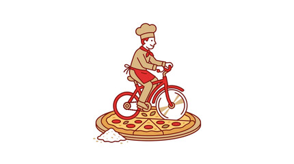 A chef rides a unicycle pizza cutter on a pizza with flour. © STOCK MANIA