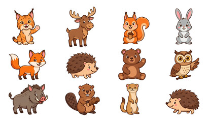 Fototapeta premium Wild Forest Animals Cartoon Vector Collection with Cute Woodland Wildlife Characters Isolated on White Background