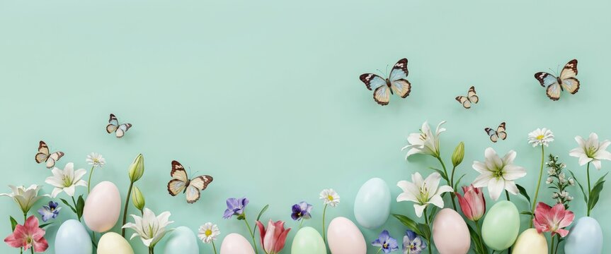 Pastel easter eggs, white lilies, and butterflies on a mint green background