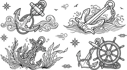 Vintage nautical anchor vector set with ship wheel ocean waves seaweeds compass and rope maritime tattoo style illustration © MdMursalin