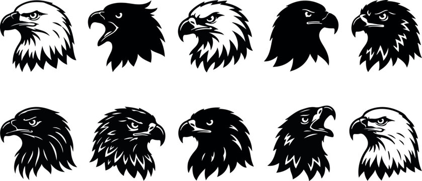 Silhouette of various eagle heads in black and white