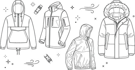 Winter jacket vector line art set with anorak parka windbreaker and technical outdoor outerwear icons for clothing design © MdMursalin
