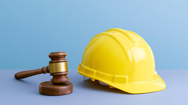 Gavel and yellow hard hat symbolize legal aspects of construction, occupational safety, and labor law, representing justice, protection, and regulation