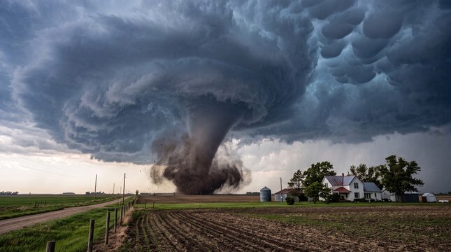 A massive, dark tornado touches down in a rural field near a white farmhouse beneath turbulent, swirling clouds. Conveys terrifying atmospheric power and imminent threat.