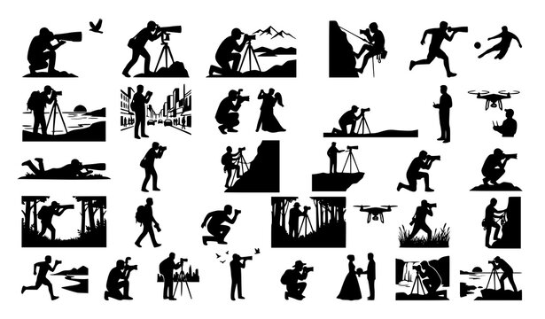 Professional Photographer Silhouette Collection with Camera and Drone Vector Illustrations
