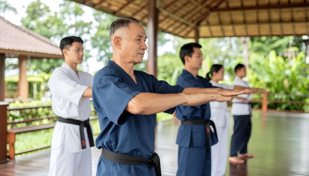 Senior martial arts master teaching pencak silat traditional stance to teenage students in outdoor pavilion training session