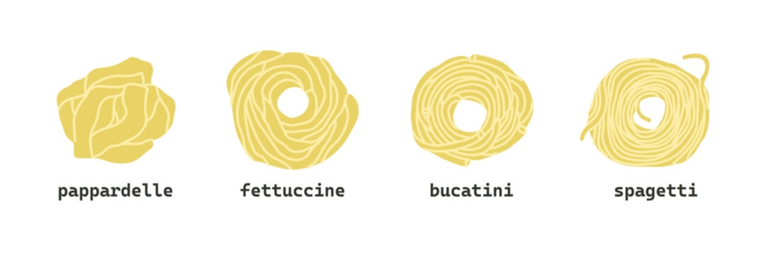 Set of variation Italian pasta. Pappardelle, fettuccine, bucatini, spagetti. Italian Mediterranean food background. Hand drawn flat bold illustration