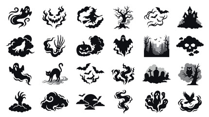 Halloween Icons Set: Ghosts, Witch, Bats, Spooky Forest, Cat, Pumpkin, Cemetery © KunFhayakun