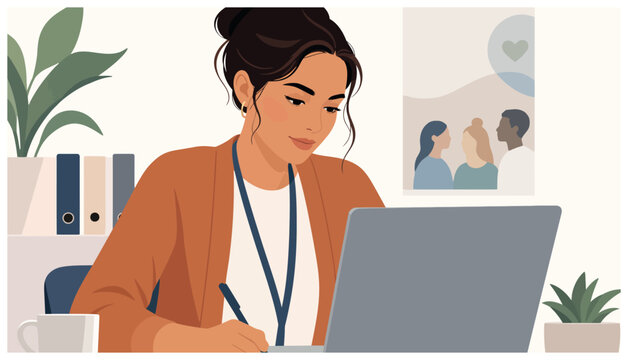 Woman Working on Laptop Computer.