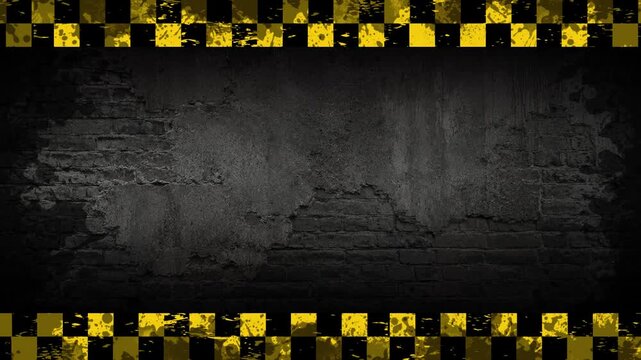 Looping Industrial Checker Safety Border Animation on Concrete Grunge Wall Background 4K 60 fps