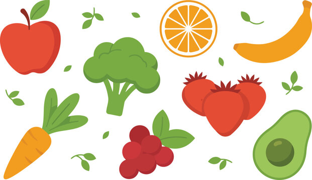 Collection of colorful fresh fruits and vegetables icon set with vegetables. Vector illustration