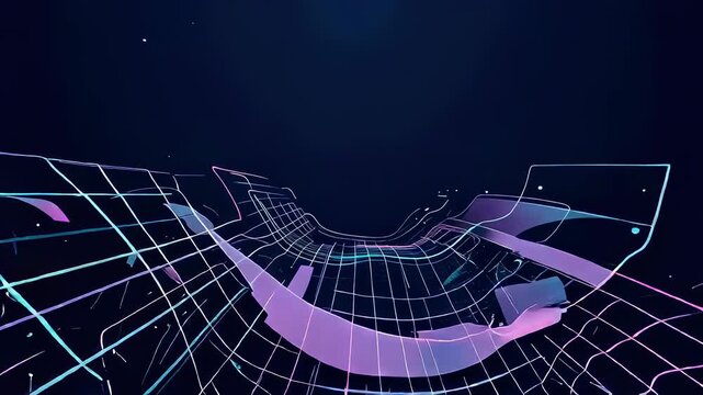 Abstract digital grid accelerating through cyberspace. Futuristic neon light tunnel with glowing data stream. Innovative technology background for virtual network.