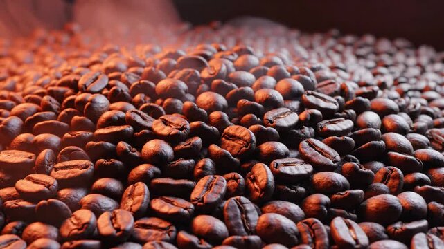 Close up of freshly roasted coffee beans with subtle steam and warm light