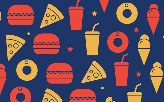 Fast food pattern background with burgers pizza soda ice cream and donuts. Vector illustration