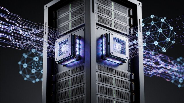 Futuristic AI-powered data center with glowing servers and neural network visualizations