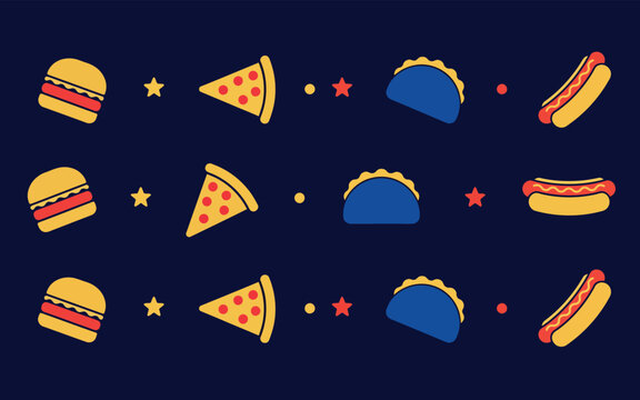 Fast food icon seamless pattern with burgers pizza tacos and hotdogs, fast food. Vector illustration