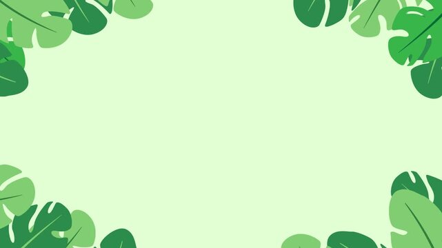 Monstera leaf background with central copy space, 2D vector style tropical foliage frame on light green backdrop, seamless loop video for presentation layout.