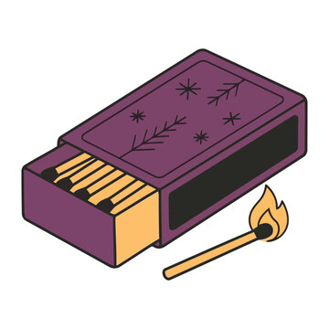 Vibrant isometric illustration showing a purple matchbox with yellow matches and a burning matchst