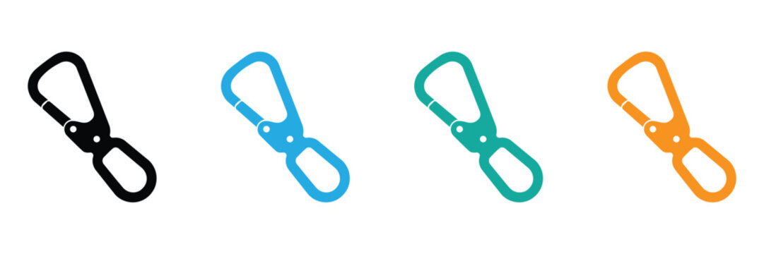 Colorful carabiner icons in black, Blue, Green, And orange on white background for climbing and outdoor concepts