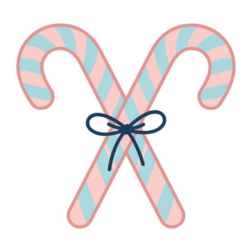Pair of Cute Crossed Candy Canes with Pastel Pink and Blue Stripes Tied with Simple Ribbon Bow
