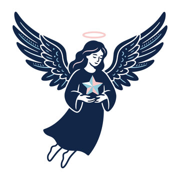 Beautiful Angel Holding A Glowing Star Illustration Designed With A Soft Minimalist Line Style
