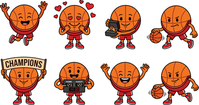 Cartoon basketball characters set, funny animated sports balls with expressions, champions holding banner, scoreboard, dribbling, proposing with ring, isolated vector sticker pack collection.