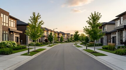 Obraz premium Suburban street with contemporary houses at sunset