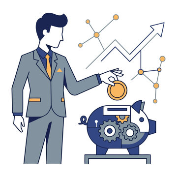 Professional businessman investing coin into a mechanical smart piggy bank saving money growth con