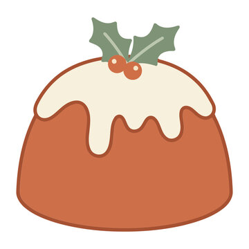 Minimalist Vector Christmas Pudding Icon Featuring Icing And Holly Berries For Holiday Design