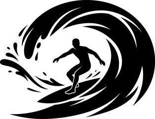 Obraz premium Black Vector Silhouette Graphic : A Skilled Surfer Balancing on a Surfboard Inside a Massive Curling Ocean Barrel Wave to Catch the Perfect Ride