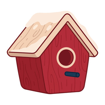 Red Wooden Birdhouse Decorated With Snow Roof For Winter Christmas Garden Decoration Vector