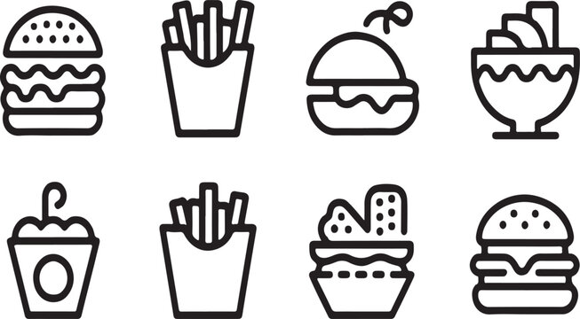 Hand Drawn Food and Drink Vector Icon Set with Coffee Cup Burger Pizza Sandwich Cake Bread Tea and Dessert Illustrations for Restaurant Menu Design