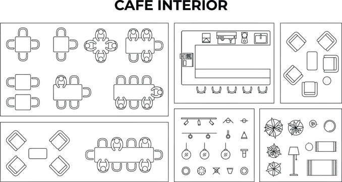 Cafe interior CAD block library, top view restaurant seating, table, counter and hospitality floor plan symbols