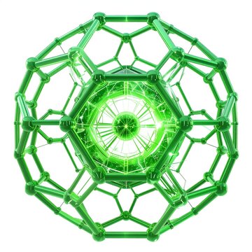 Futuristic Green C60 Fullerene Molecule Structure with Glowing Center.
