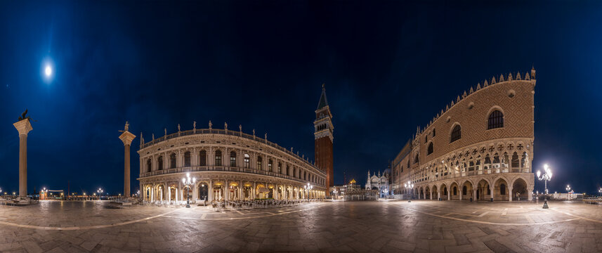 Night Panorama of Piazza San Marco with Doges Palace and St Marks Campanile in Venice, Italy