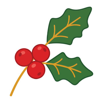 Minimalist Christmas Holly Branch Illustration with Vibrant Red Berries and Green Pointed Leaves