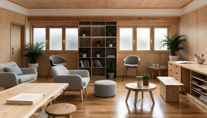 Fototapeta premium clean Scandinavian classroom interior with neutral furniture, soft daylight, wooden textures and modern educational design
