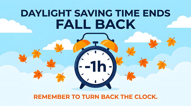Daylight saving time ends, clock adjustment reminder with fall leaves