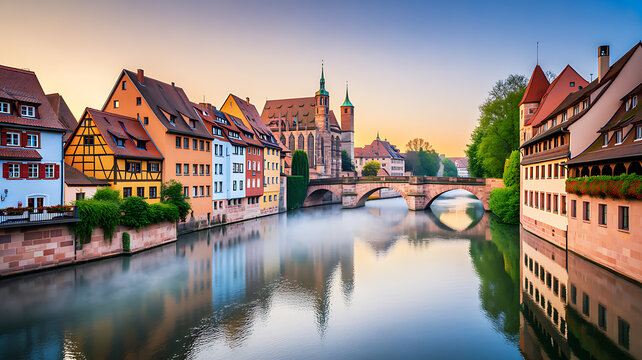 Colorful european town with traditional half-timbered houses along a river at sunset