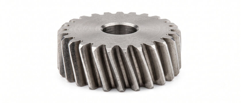 Macro photograph of a machined steel micro pinion gear. Precision micro-mechanical hardware isolated on a pure white background.