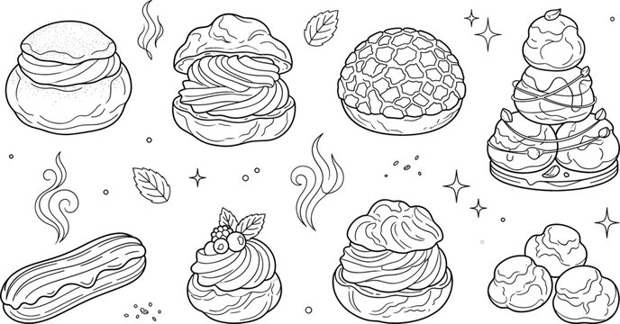 Profiterole and eclair icon set featuring cream puffs croquembouche French pastries dessert line art vectors for bakery designs