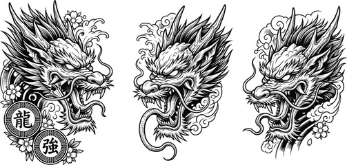 Obraz premium Japanese dragon tattoo design vector set, black and white traditional Asian mythical creature illustrations, ferocious heads with cherry blossoms and waves