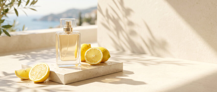 Luxury glass perfume bottle with golden liquid on cream stone surface, surrounded by sliced lemons and water droplets, natural sunlight casting botanical shadows, Mediterranean summer mood