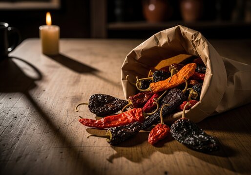 A paper bag spills dried chili peppers onto a wooden table, illuminated by candlelight