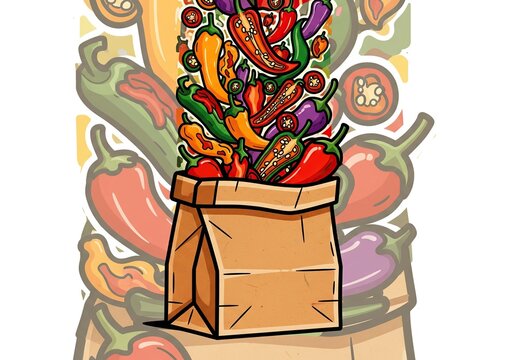 A paper bag overflowing with colorful chili peppers, illustrated in a vibrant cartoon style