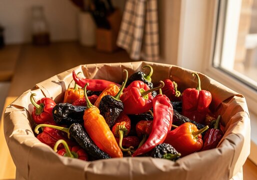 Assortment of fresh and dried chili peppers in a paper bag