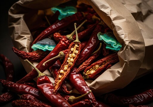 A bag overflowing with dried red chili peppers and vibrant blue and teal fungal growths